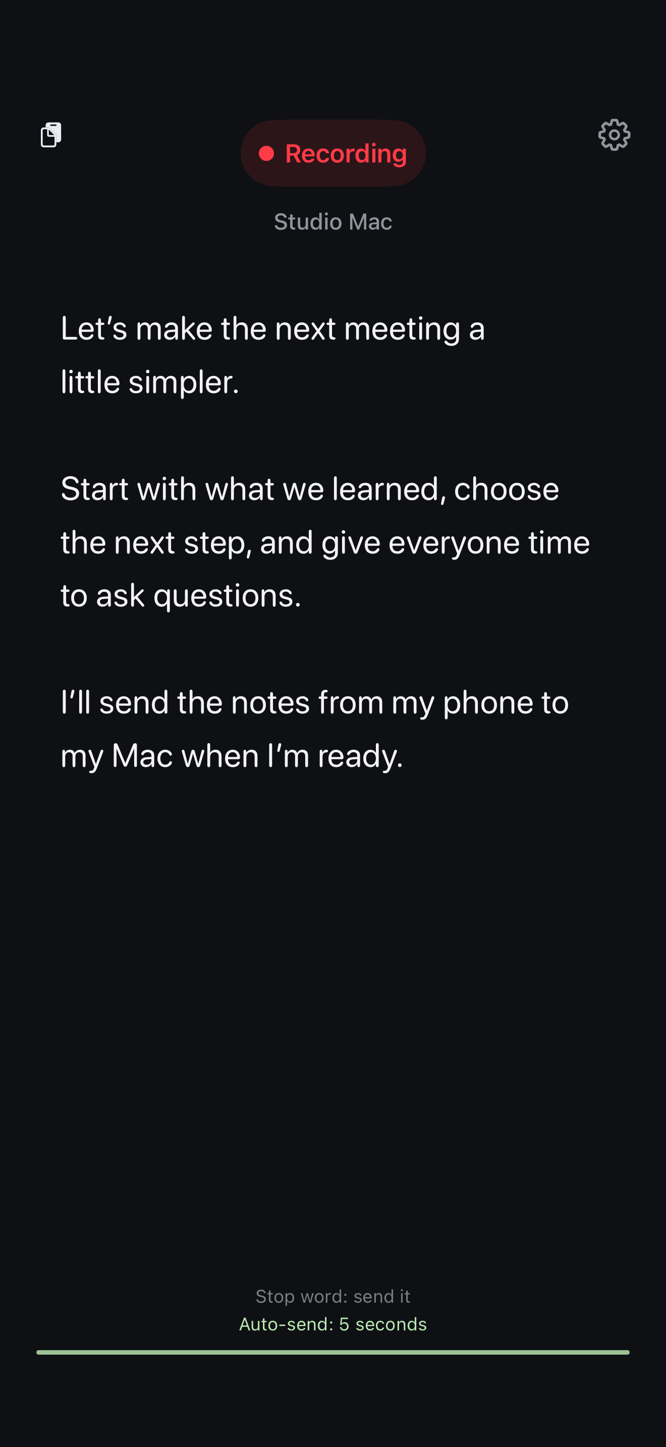 The iPhone app recording a readable draft for Studio Mac, with a five-second auto-send countdown